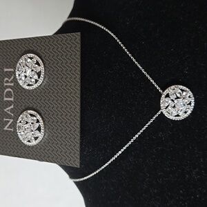 Nadri Silvertone Halo Design Multi-Shaped CZs Necklace and Earring Set .75" Diam